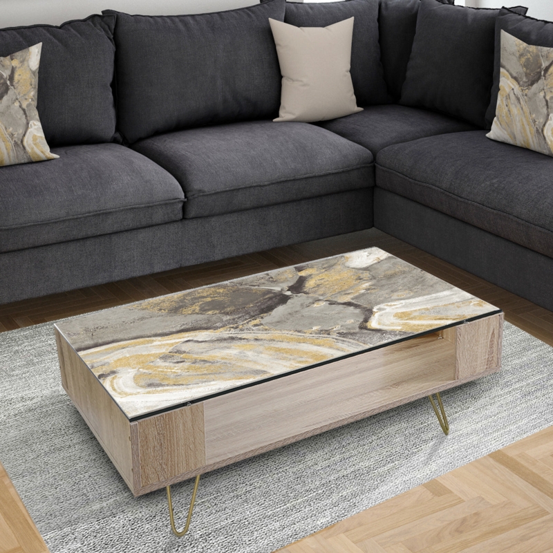 Coffee Table Round Neutral Top with Gold Geometric Open Base
