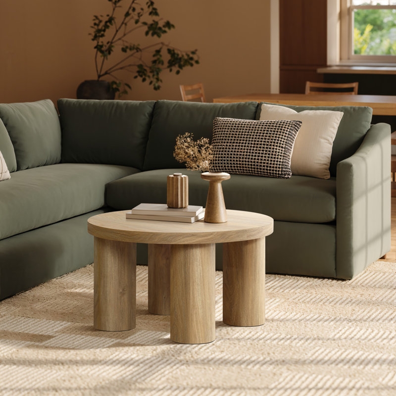 Coffee Table Round Oak Chunky Pillar Legs Transitional Style