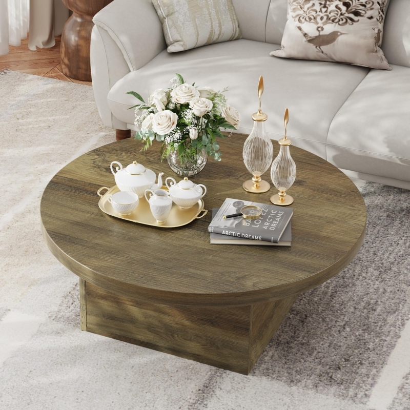 Coffee Table Round Oak Cross Base Pedestal Legs Farmhouse Style