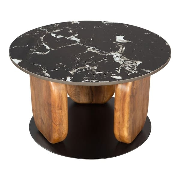 Coffee Table Round Patchwork Stone Geometric Top Black Pedestal Base