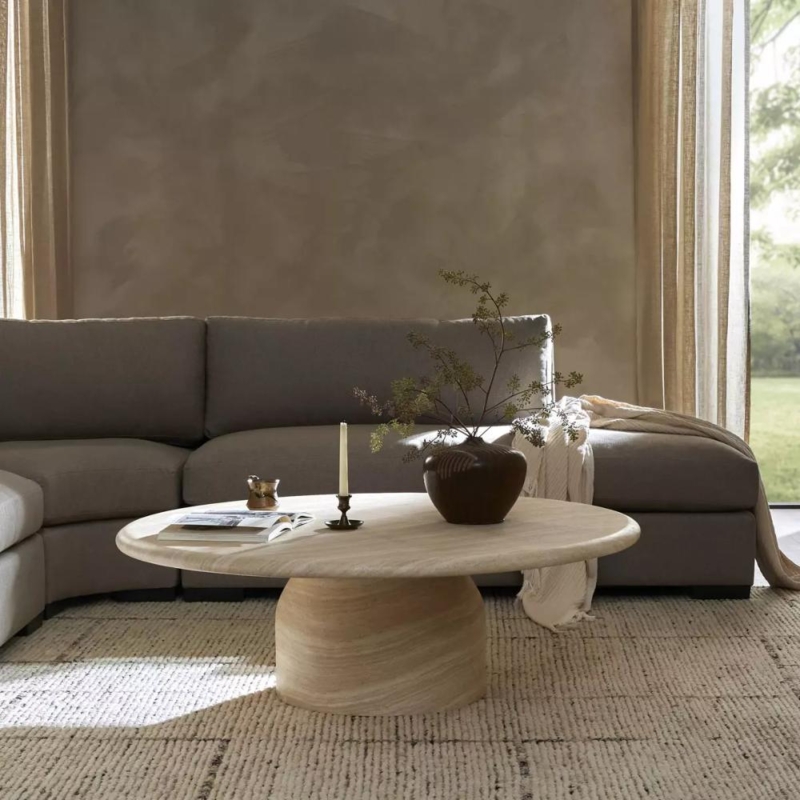 Coffee Table, Round Pitted Faux Travertine Finish, Drum Base.