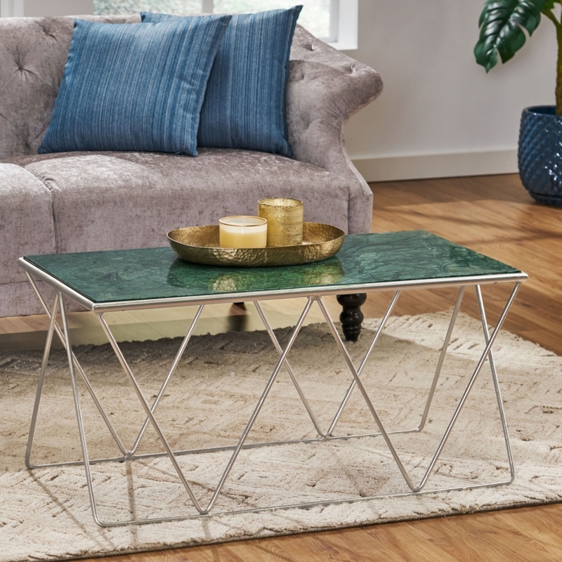 Coffee Table Round Polished Emerald Green Marble Black Metal Cross Base