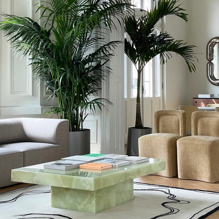 Coffee Table Round Polished Green Onyx Top Cylindrical Plinth Base