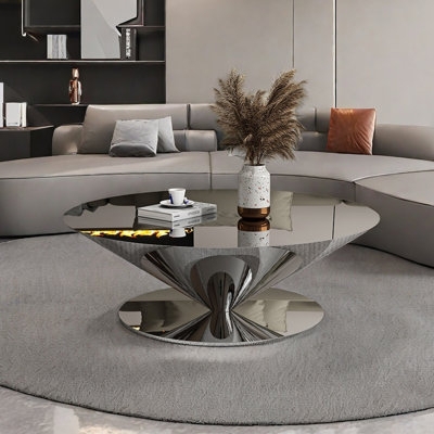 Coffee Table Round Polished Metal Saucer Shape Pedestal Design