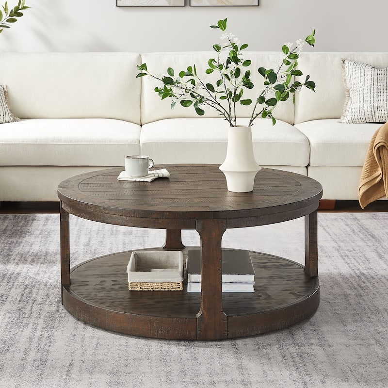 Coffee Table Round Rolling Wheels Two Tier Dark Brown Rustic Storage
