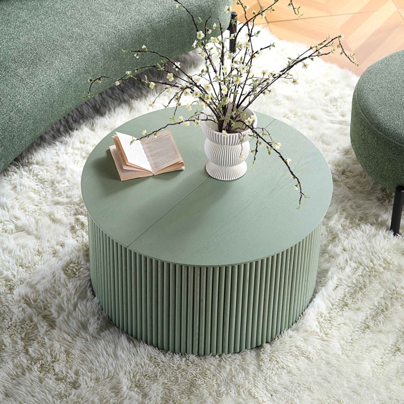 Coffee Table Round Sage Green Fluted Tambour Sliding Wood Top Storage