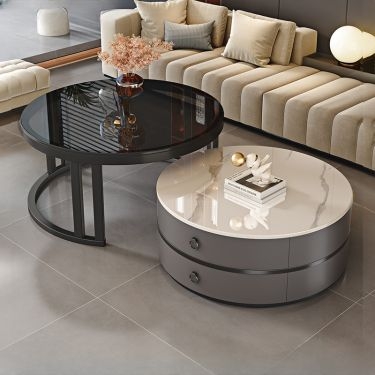 Coffee Table Round Stone-Like Fluted Pedestal Base Minimalist