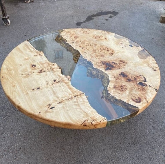 Coffee Table Round Turquoise Epoxy River Live Edge Wood Tapered Legs
