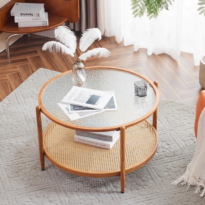 Coffee Table Round Water Wave Glass Rattan Shelf Modern Boho Farmhouse