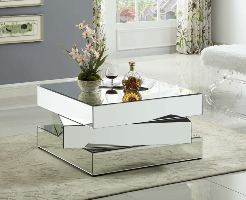 Coffee Table Round White Tiered Stacked Base Mirrored Top Modern