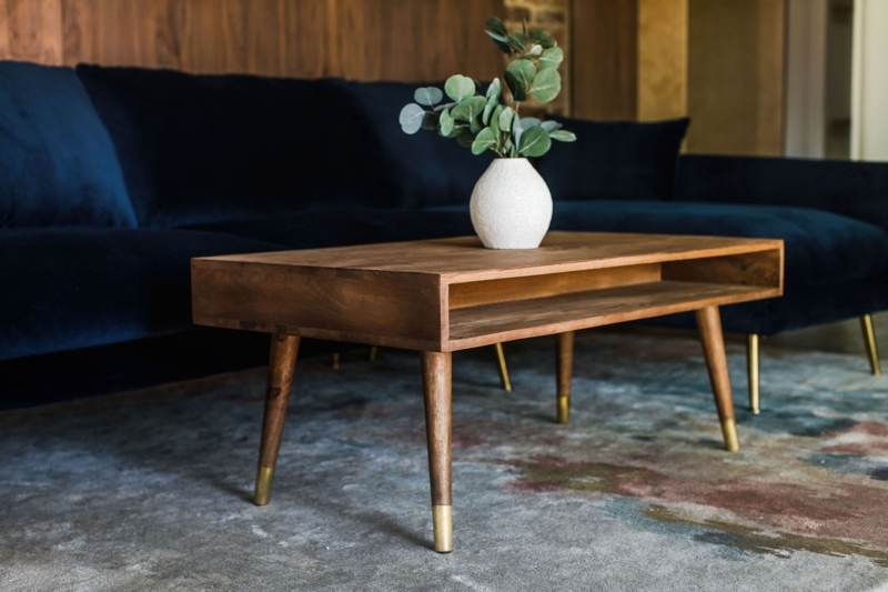 Coffee Table Round Wood Top with Gold Beehive Wire Base