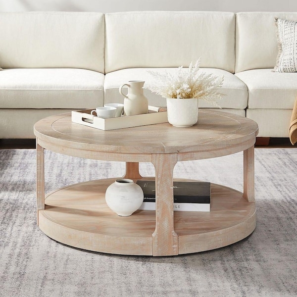 Coffee Table Round Wood Two Tier With Swivel Casters Traditional Style