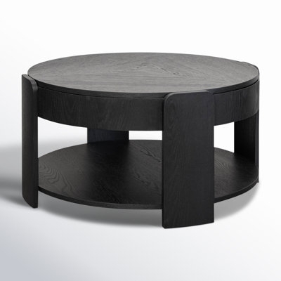 Coffee Table Round Wood with Storage Shelf, Modern Farmhouse