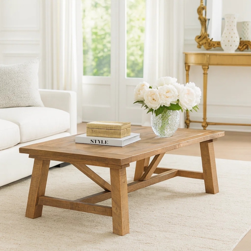 Coffee Table Rustic Brown Wood Sawhorse Base with Plank Top Design