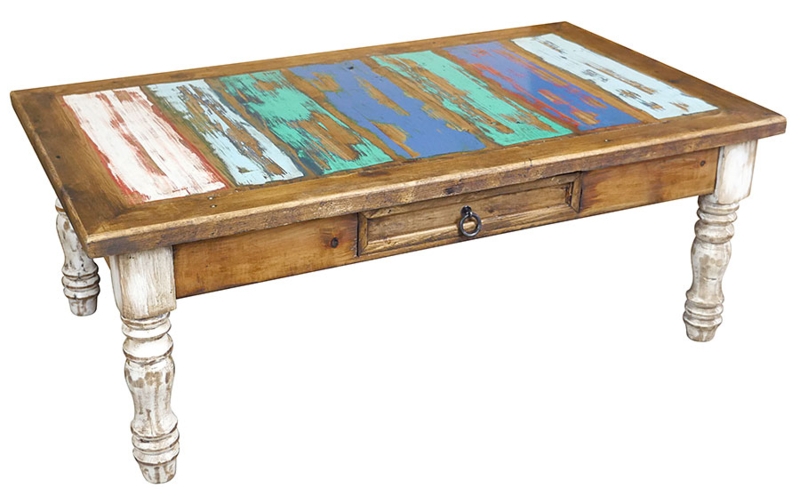 Coffee Table Rustic Multicolor Plank Top Whitewashed Turned Legs