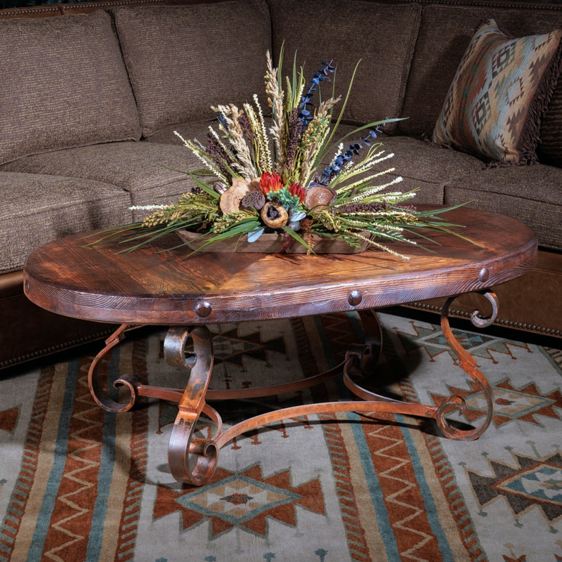 Coffee Table Rustic Oval Silhouette Distressed Wood Iron Base
