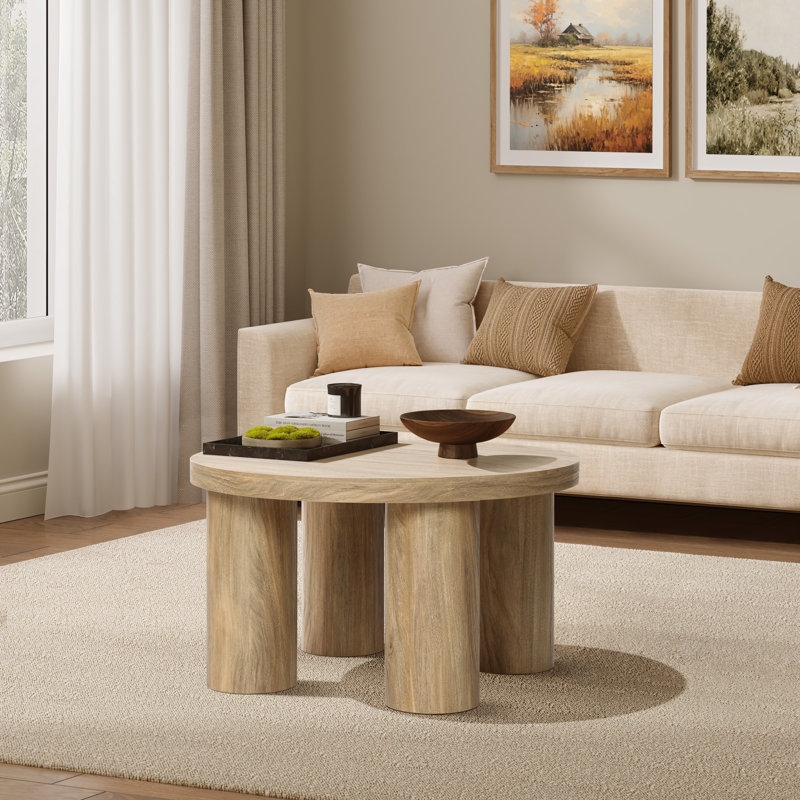 Coffee Table Scandi Round Light Wood Chunky Pillar Legs Minimalist
