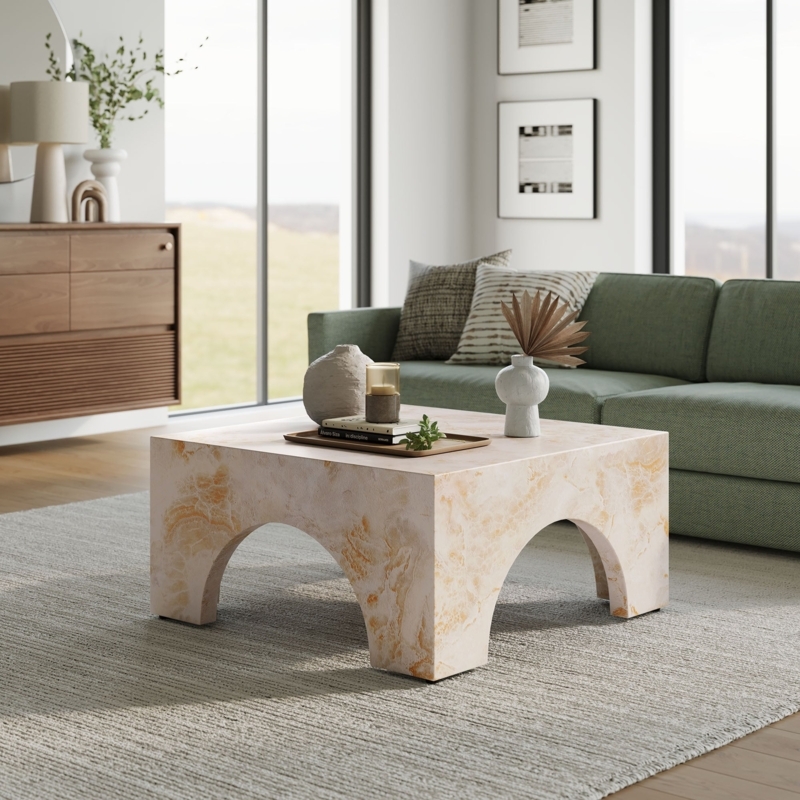 Coffee Table, Sculptural Arched Base, Grey Concrete Material.