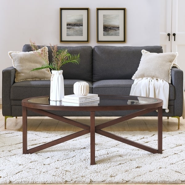 Coffee Table Sculptural Wood Base Tempered Glass Top Interlocking
