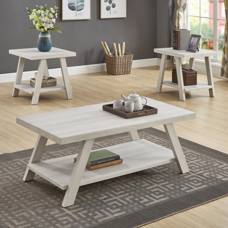 Coffee Table Set Angled Legs Whitewashed Wood Scandinavian Style