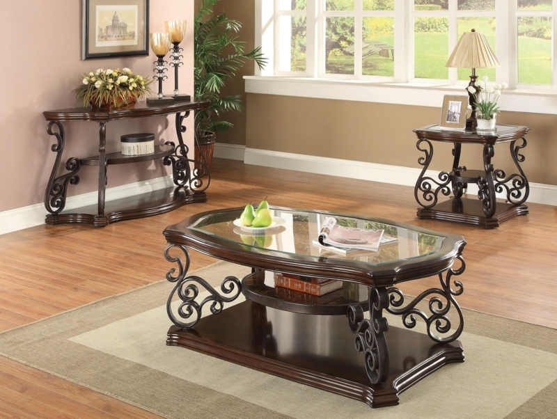 Coffee Table Set Bronze Metal Scrollwork Base Glass Top Mediterranean Style