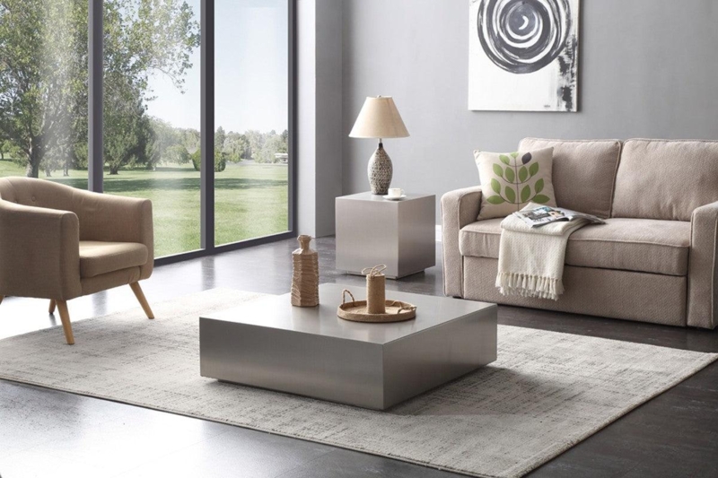 Coffee Table Set Brushed Metal Pillar Base Industrial Living Room