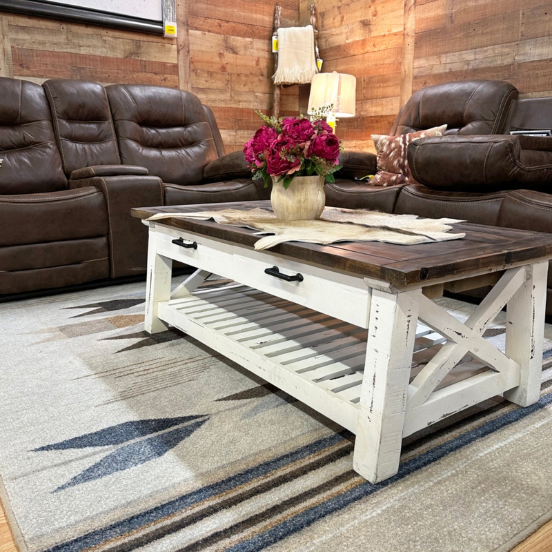 Coffee Table Set Farmhouse Wood Chunky Block Legs Natural Grain