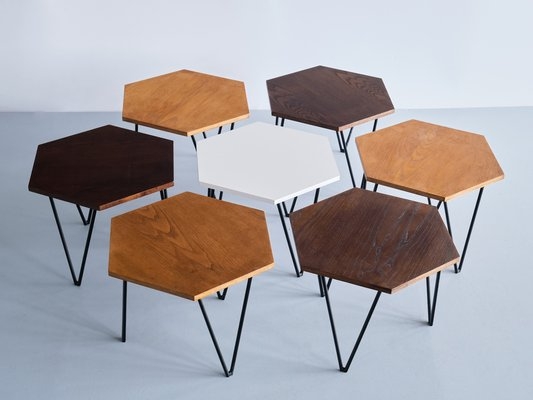 Coffee Table Set Modular Hexagonal Honeycomb Layout Slender Legs