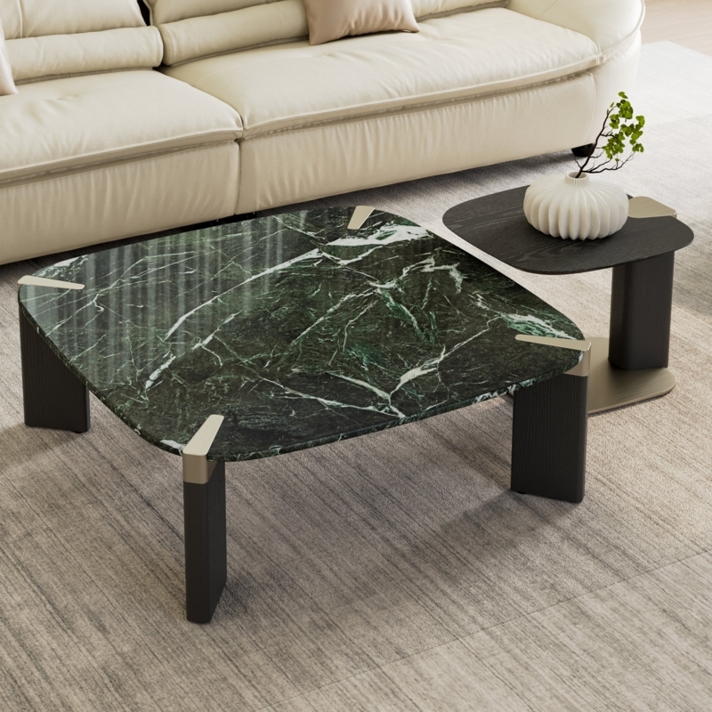 Coffee Table Set Nesting Dark Green Faux Marble Ribbed Gold Frame