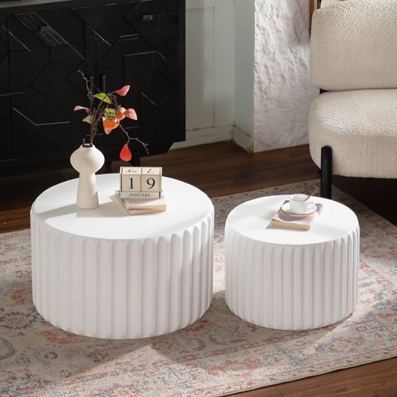 Coffee Table Set Nesting Scalloped Edge Ribbed Base Off White