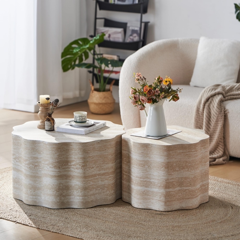 Coffee Table Set Organic Shape Scalloped Edges Whitewashed Finish