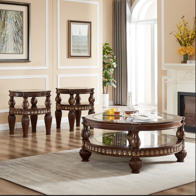 Coffee Table Set Ornate Baroque Gold Carvings Stone Inlay Tops