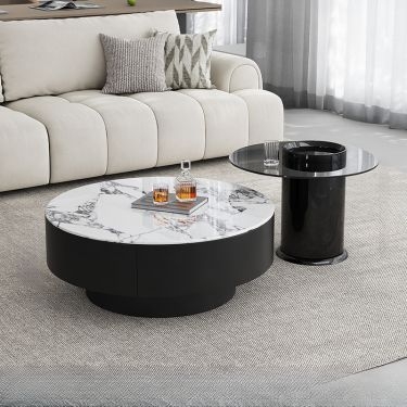 Coffee Table Set Ribbed Base Oval Shape Mixed Material Pairing