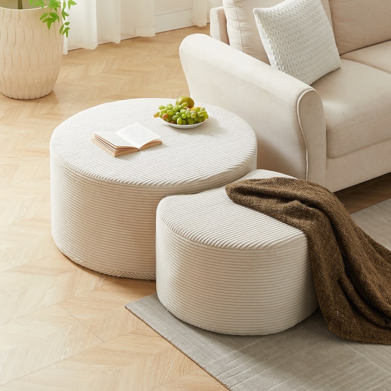 Coffee Table Set Round Nesting Marble Top White Boucle Ottoman Glam