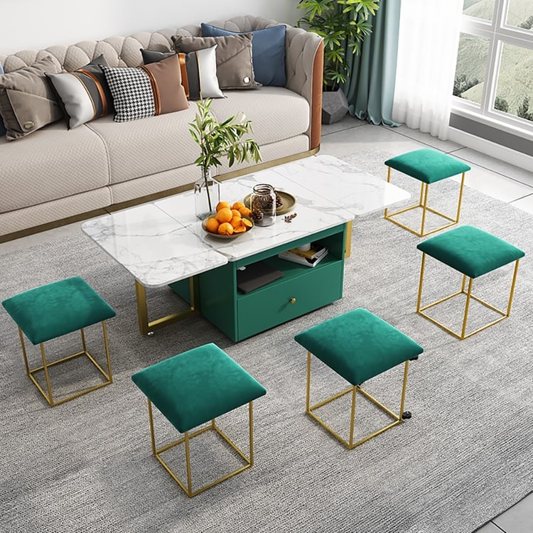 Coffee Table Set Round White Faux Marble Green Nesting Stools Glam