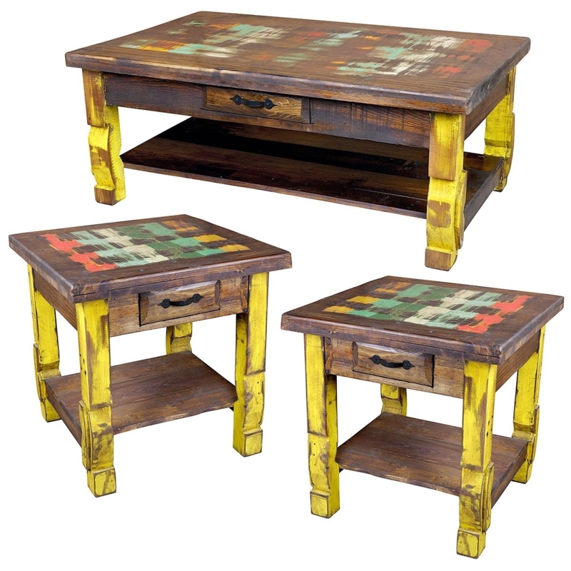 Coffee Table Set Rustic Ox Yoke Legs Chipped Paint Finish Southwestern