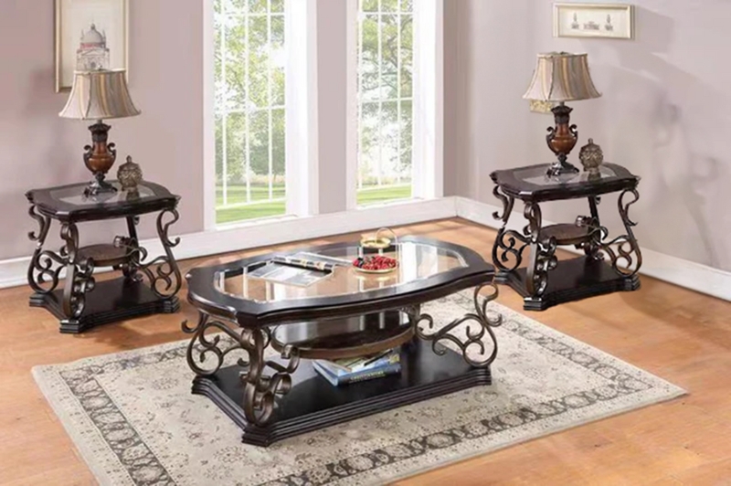 Coffee Table Set Traditional 3 Piece Metal Scrollwork Underlay Espresso