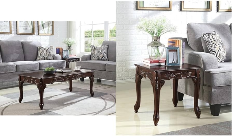 Coffee Table Set Traditional Dark Cherry Finish Ornate Carved Detailing