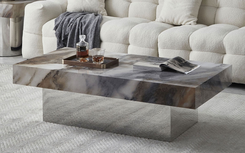 Coffee Table Sintered Stone Rectangular Top Sculptural Pedestal Base