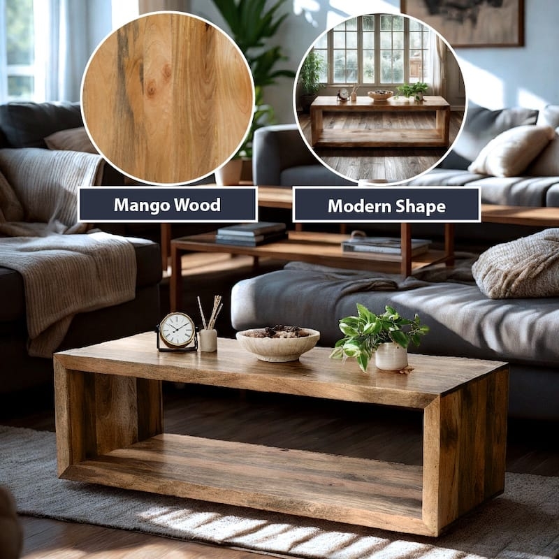 Coffee Table Slab Legs Two Tier Open Shelf Natural Wood Organic