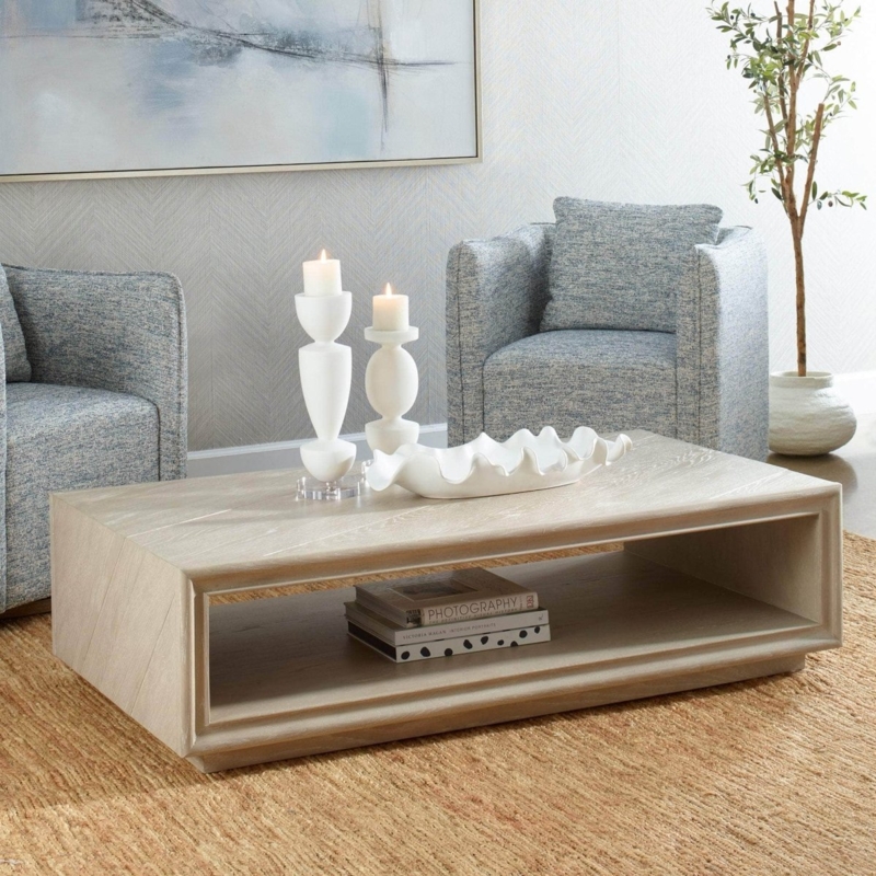 Coffee Table Slatted Prism Base, Round Top, Light Oak Finish, Organic Style