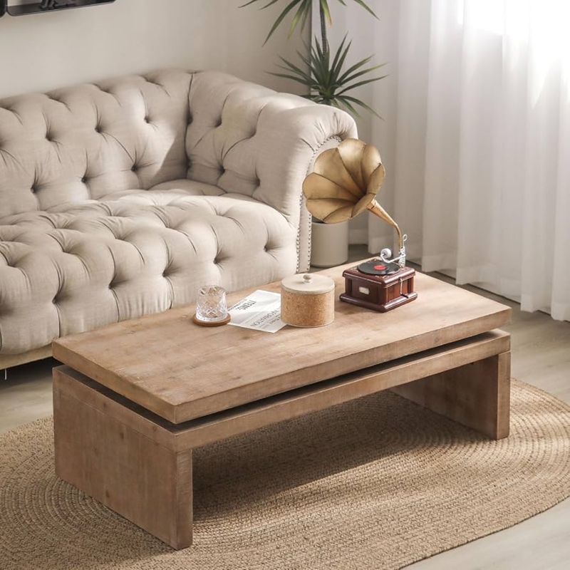 Coffee Table Slatted Shelf, Plank Top, Rectangular Silhouette, Farmhouse