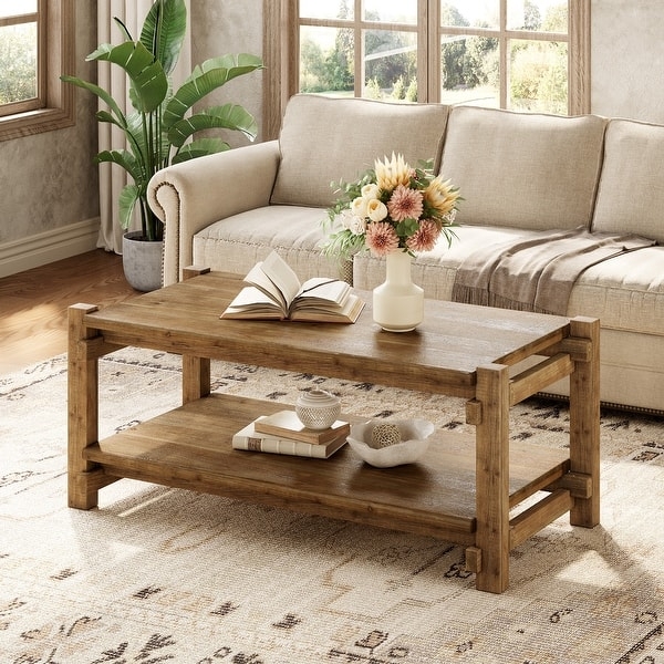 Coffee Table Solid Wood Rectangular with Block Legs in Natural Finish