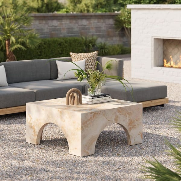 Coffee Table, Square Arched Base, Honey Onyx Faux Stone Finish.