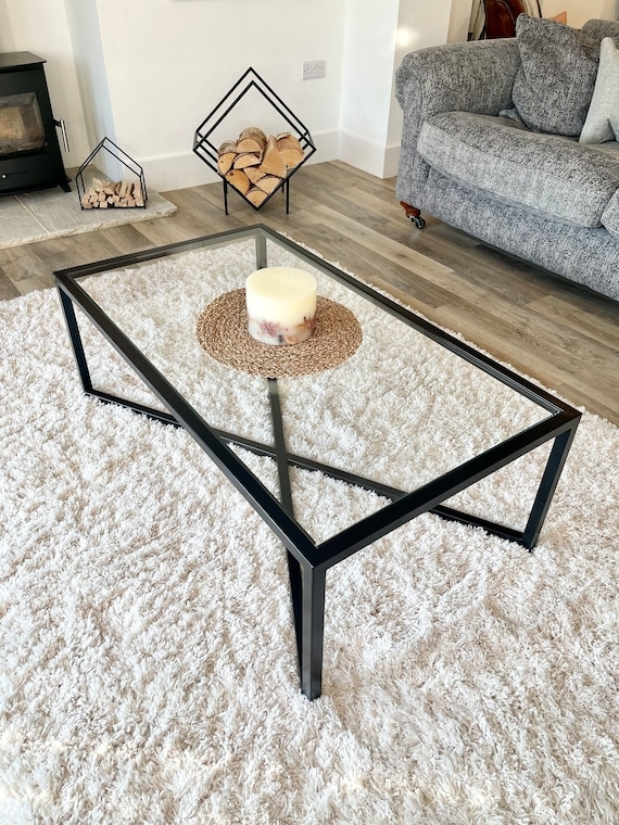 Coffee Table Square Black Metal Frame with Two-Tier Glass Tops