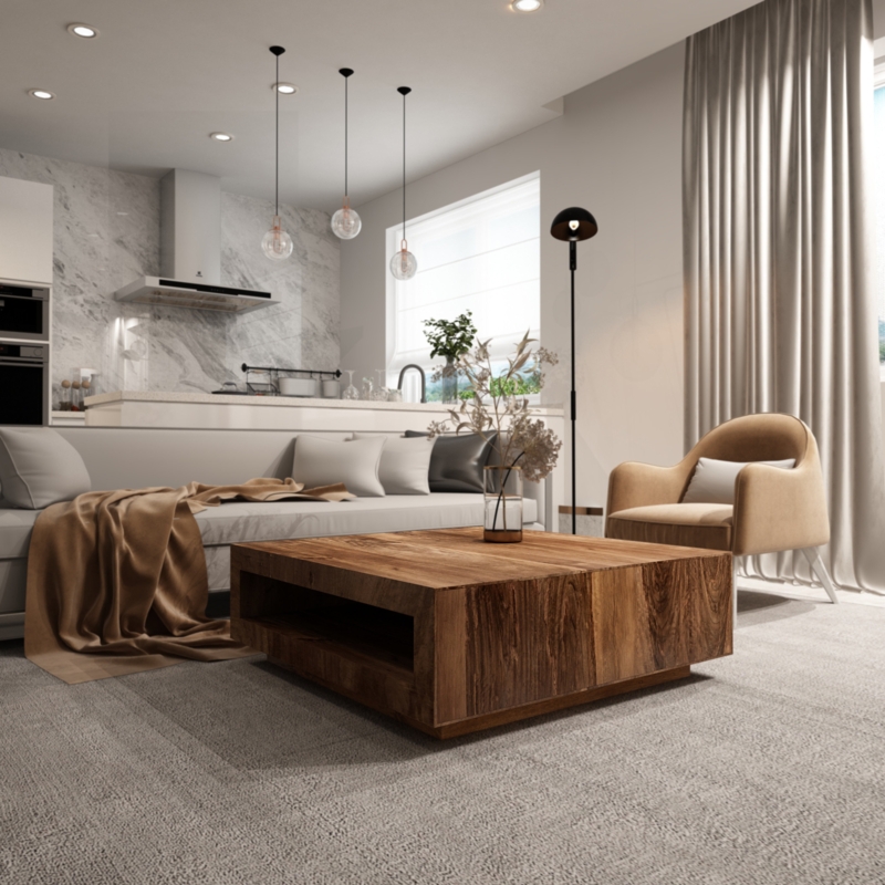 Coffee Table Square Block Base Chunky Wood Rustic Modern