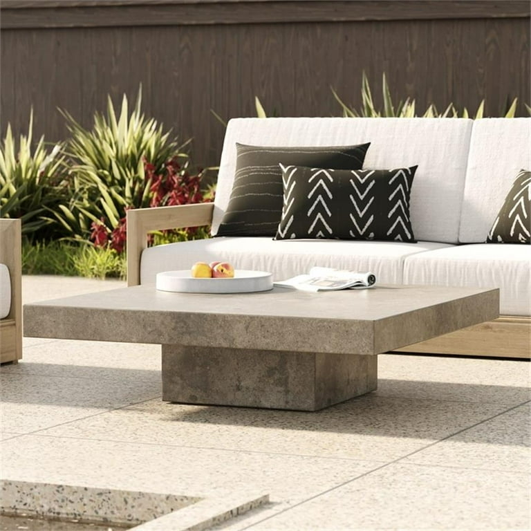 Coffee Table, Square Block Design, Dark Gray Concrete-Like Finish.