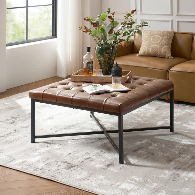 Coffee Table Square Button Tufted Low Profile Leather Like