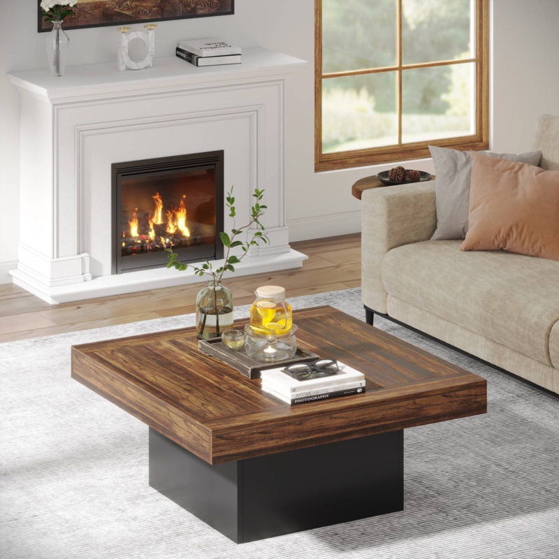 Coffee Table Square Farmhouse Silhouette, Integrated LED Light