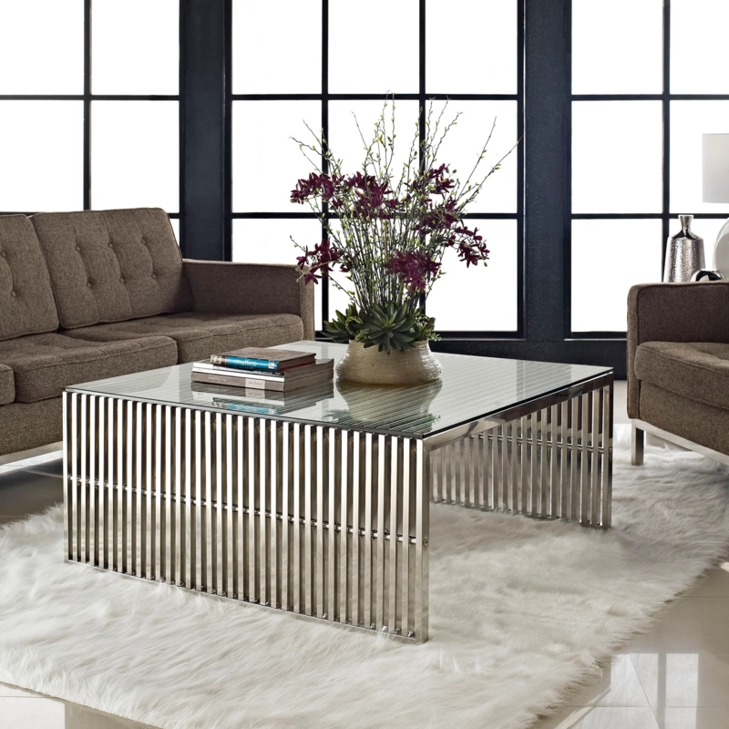 Coffee Table Square Glass Top Polished Metal X-Base Frame Modern